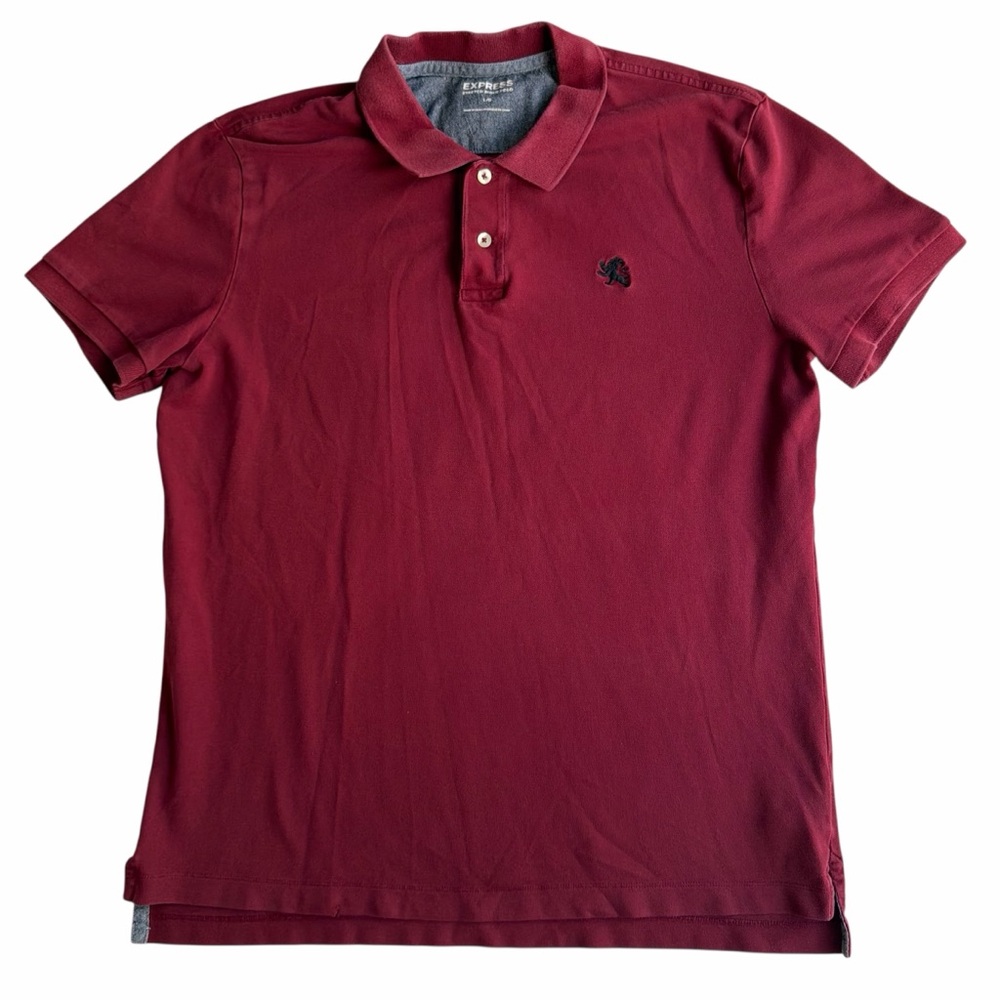 Express Men’s Fitted Red with Blue Logo Pique Polo Short Sleeve Shirt